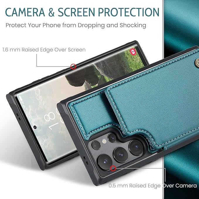 Bemal for Samsung Galaxy S24 Ultra Wallet Case with Card Holder, RFID Blocking, Shockproof Leather Kickstand for Men and Women, Durable Protective Phone Cover for 6.8", Bluish Green
