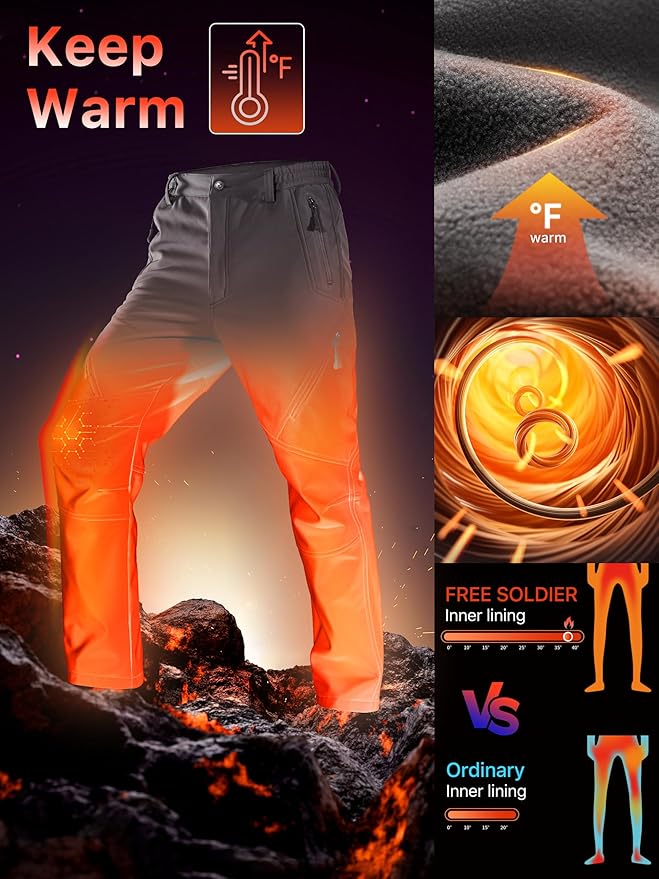 FREE SOLDIER Men's Fleece Lined Outdoor Cargo Hiking Pants Water Repellent Softshell Snow Ski Pants with Zipper Pockets