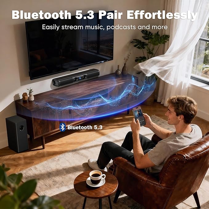 Sound Bar for Smart TV,3.1ch Soundbar with Wired Subwoofer,100W Deep Bass, TV-ARC/Optical/AUX/Bluetooth 5.3 Connect, Surround Sound System for TV PC/Gaming/Projectors