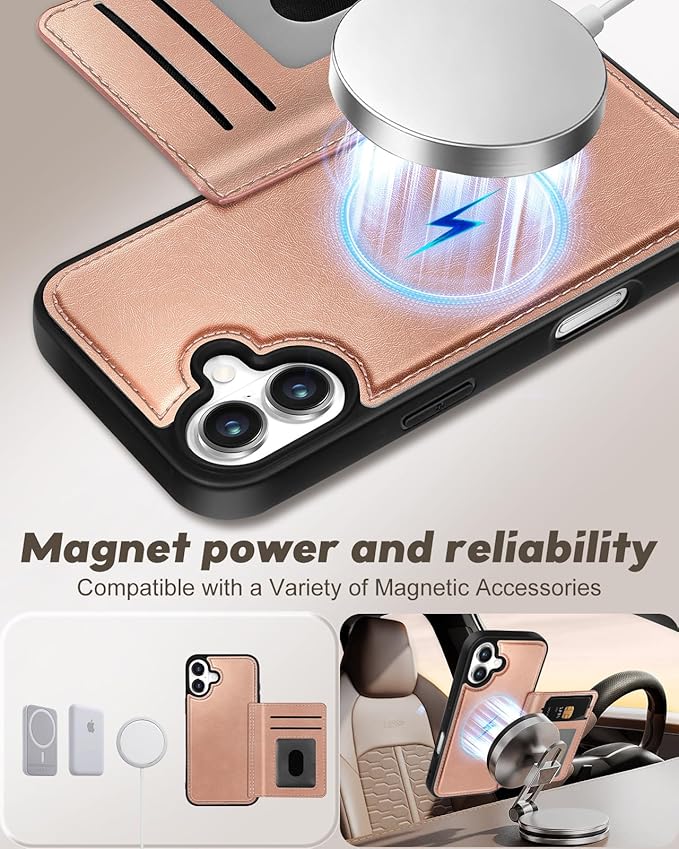 for iPhone 16 Wallet Case - Fits 4 Card Slots, Compatible with MagSafe for Women Aesthetic Durable PU Leather Credit Card Holder Kickstand Phone Cover for Apple 16, Rose Gold
