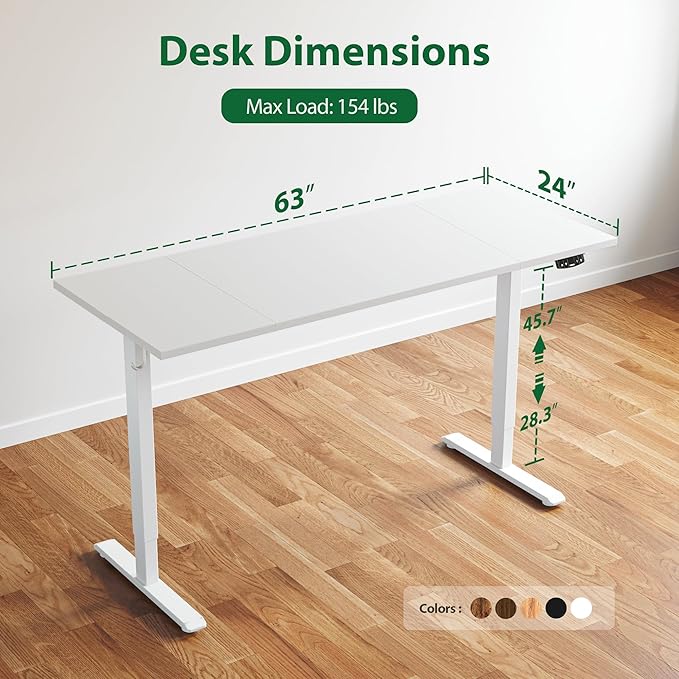 Agilestic Electric Standing Desk, Large 63 x 24 Inches Height Adjustable Desk, Sit Stand up Desk for Work Office Home, Splice Board, White