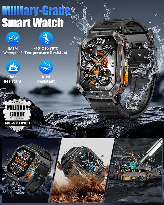 Military Smarty Watch for Men, 2.01" Smartwatch with 1200mAh Battery, Flashlight, Answer/Make Calls, Heart Rate/Sleep Monitor 100+ Sport Modes Fitness Tracker for Android/iPhone