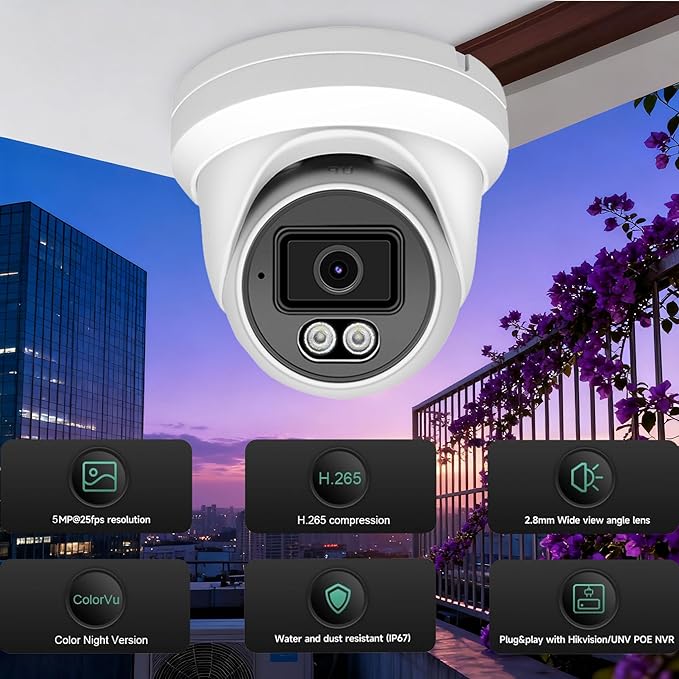 Real HD 5MP Color-Vu Full Color Night Version Turret PoE IP Camera Outdoor, 2.8mm Wide Angle, H.265, 65ft IP67 Waterproof, Must Work with a NVR, Does not Work by Itself