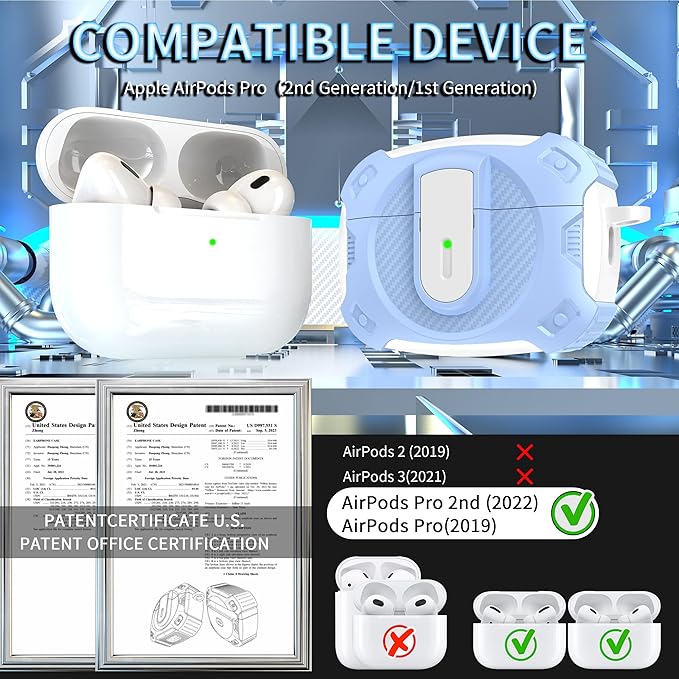 RFUNGUANGO for AirPods Pro 2 Case, Compatible with Airpods Pro Case 2nd / 1st Generation, Compatible with MagSafe, with Cleaning Kit and Keychain, Visible LED, Sky Blue