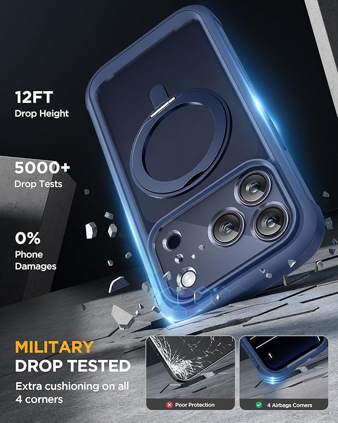 Miracase for iPhone 17 Pro Max Case with 360° Magnetic Ring Stand [Compatible with Magsafe] Full-Body Drop Proof Bumper Phone Case with Built-in 11H Tempered Glass Screen Protector,Blue
