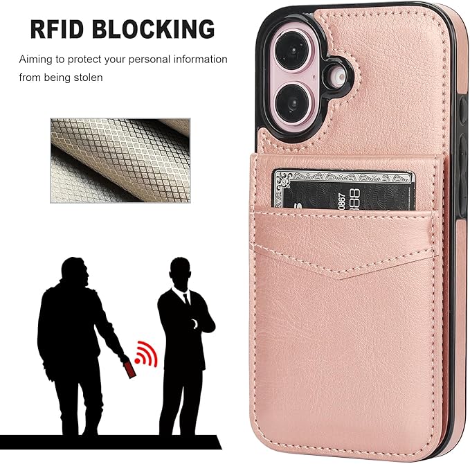 KIHUWEY for iPhone 16 Case Wallet Compatible with MagSafe Wireless Charging, Credit Card Holder, RFID Flip Leather Magnetic Clasp Kickstand Heavy Duty Protective Cover 6.1 Inch (Rose Gold)