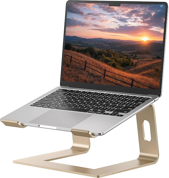 SOUNDANCE Laptop Stand, Aluminum Ergonomic Desk Riser, 10-15.6", Gold