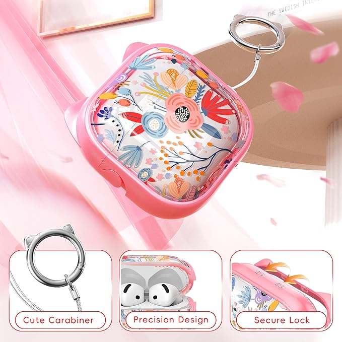 for AirPods 4 Case with Cleaning Kit, Cute Cat Ear Print Design & Cute Buckle, Inverted Phone Holder Design, Top Safe Lock Buckle Design, for Girls AirPods 4 case 2024,Clear Flowers