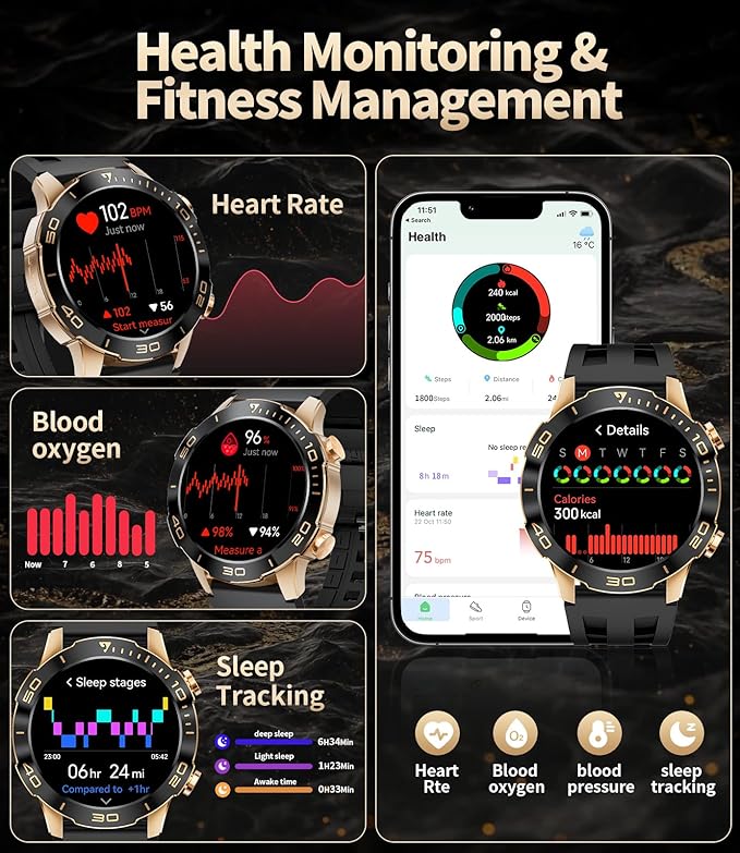 Military Smart Watch for Men(Answer/Calls),1.43''AMOLED Screen,500mAh 5ATM Waterproof,170 Sports Modes, Fitness Tracker Watch with Heart Rate/Sleep Tracking/Blood Pressure for Android/iOS,Smartwatch