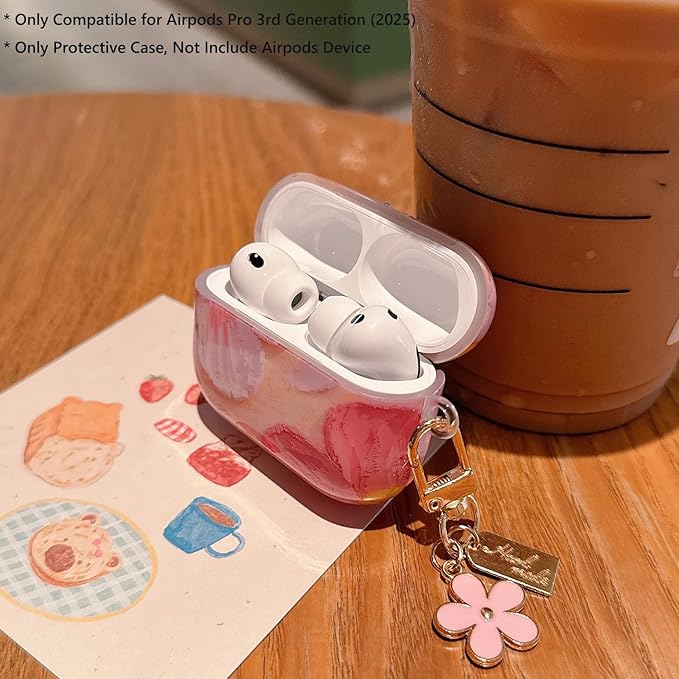 for AirPod Pro 3 Case 2025 Cute Aesthetic Flower for Women Girls Soft TPU Protective Cover with Keychain Compatible for AirPods Pro 3rd Generation (Pink IMD Floral)