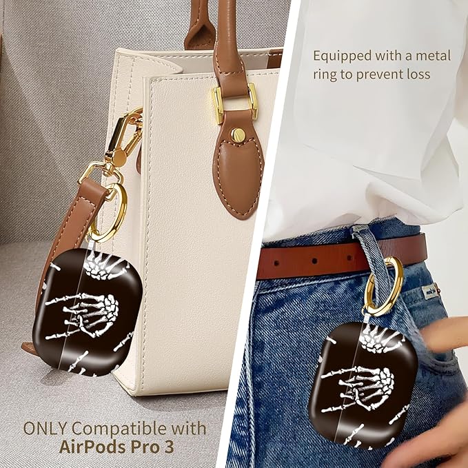 Compatible with AirPods Pro 3 (2025) Case, Airpod Pro 3 Protective Cover with Cute Golden Keychain for Girls & Women (Skeleton Human Hand)