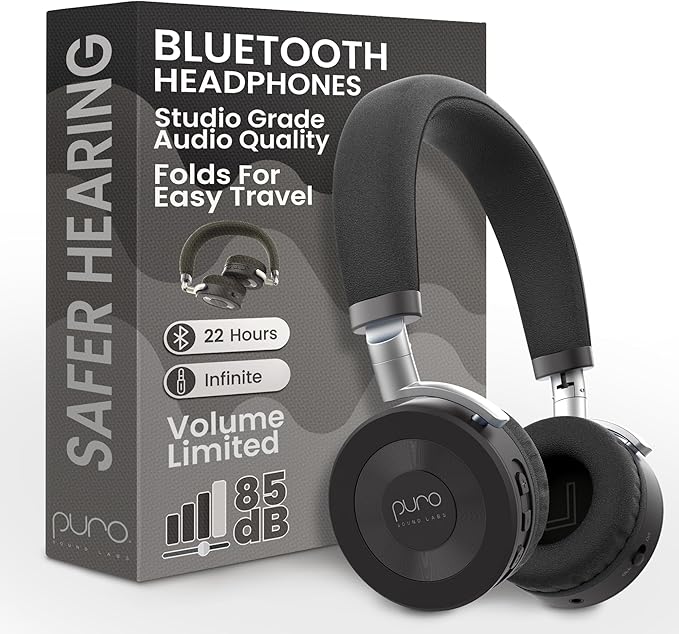 Puro Sound Labs JuniorJam Plus Volume-Limiting Wireless Bluetooth Headphones for Kids, Secure Audio with Adjustable On-Ear Design, 22-Hour Battery Life, Ideal for Tablets, Smartphones & PCs - Black