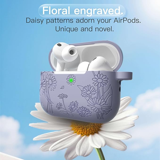 for AirPods Pro 3 Case (2025) DamonLight Daisy Floral Engraved Shockproof Protective Soft Silicone Case Cover with Cleaning Pen and Keychain for Apple Airpods Pro 3rd Generation (Lavender Gray)