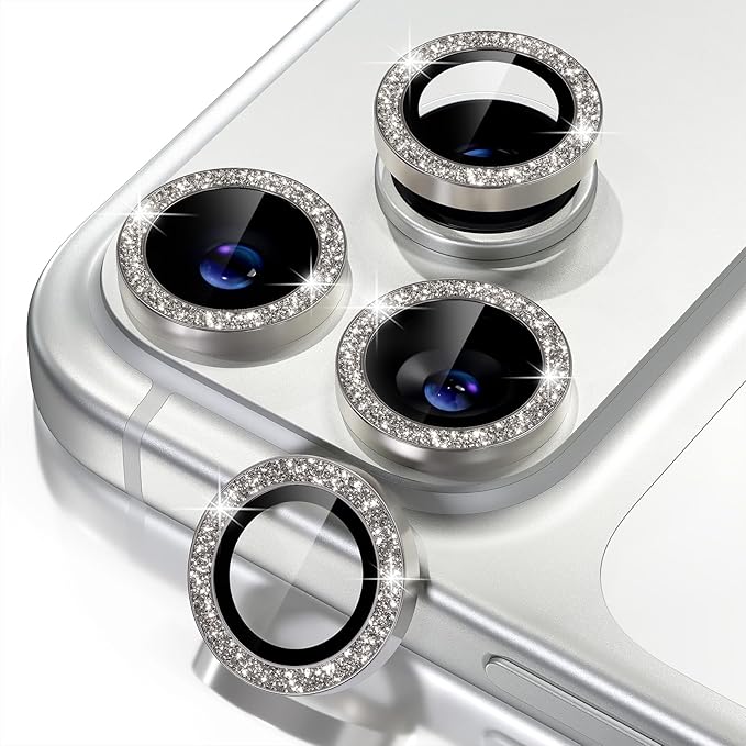 Misea Compatible for iPhone 17 Pro/iPhone 17 Pro Max Camera Lens Protector Bling, 9H Tempered Glass Camera Cover Screen Protector Metal Individual Ring Decoration Accessories, Natural Titanium Glitter