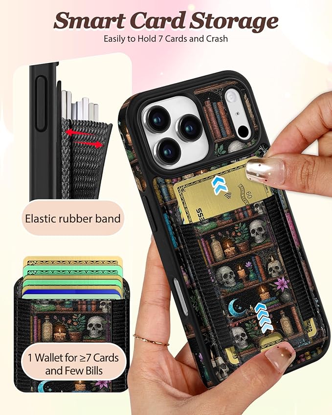 Shorogyt for iPhone 17 Pro Case Wallet - Fits 5 Cards, Compatible with Magsafe Detachable Magnetic Credit Card Holder Leather Cardholder Cute Phone Cover Women Girls for Apple 17Pro, Bookshelf