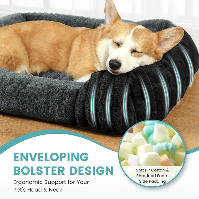 Dog Beds for Large Sized Dogs 35x28 Inch, Comfort-Sided Orthopedic Dog Bed Couch with Breathable Shredded Memory Foam, Faux Rabbit Fur Pet Bed, Non-Detachable, Non-Slip, Machine Washable