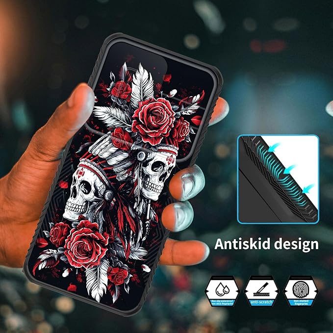 for Galaxy S26 Case Built in Slide Camera Lens Cover,Heavy Duty Shockproof Protection Dual Layer Case for Samsung Galaxy S26 6.3" 2026,Skull Art with Feathers and Roses