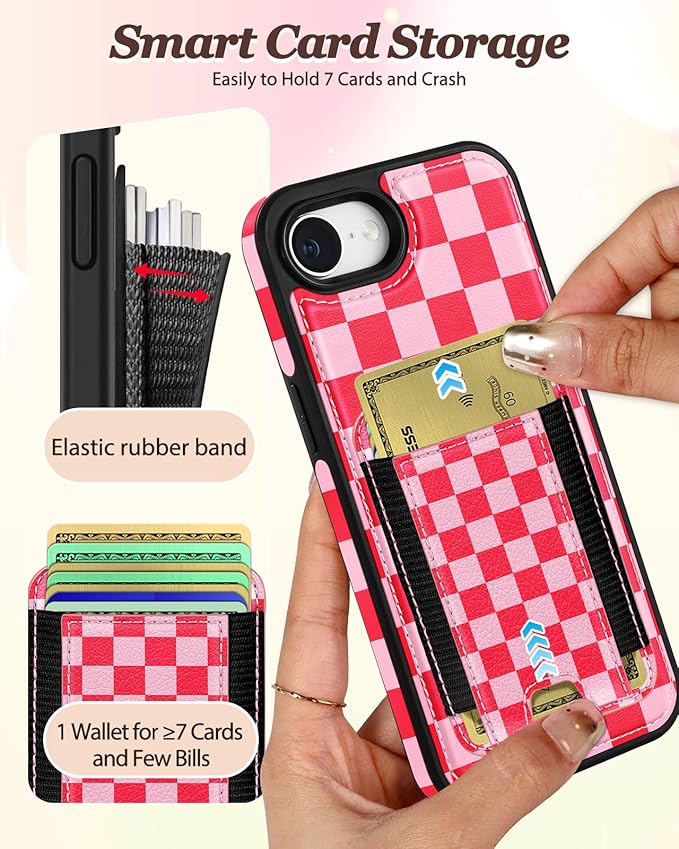 Shorogyt for iPhone 17e/16e Wallet Case - Fits 5 Cards, Compatible with Magsafe Detachable Magnetic Credit Card Holder Leather Cardholder Cute Phone Cover Women Girls for Apple 17e/16e, Checkered