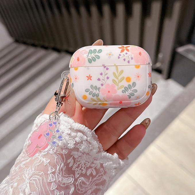 Cute Airpod Pro 2 Case Aesthetic Flower with Keychain TPU Protective Cover Compatible with AirPods Pro 2nd Generation Case for Teens Girls Women (IMD Pink Floral)