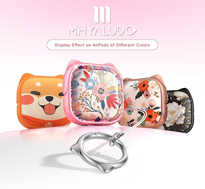 for AirPods 4 Case with Cleaning Kit, Cute Cat Ear Print Design & Cute Buckle, Inverted Phone Holder Design, Top Safe Lock Buckle Design, for Girls AirPods 4 case 2024,Clear Flowers