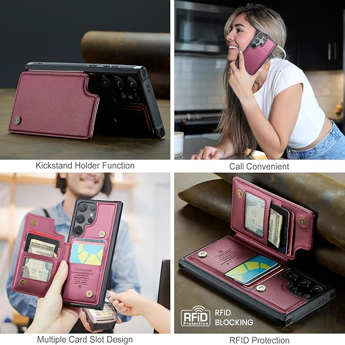 Bemal for Samsung Galaxy S24 Ultra Wallet Case with Card Holder, RFID Blocking, Shockproof Leather Kickstand for Men and Women, Durable Protective Phone Cover for 6.8", Wine Red