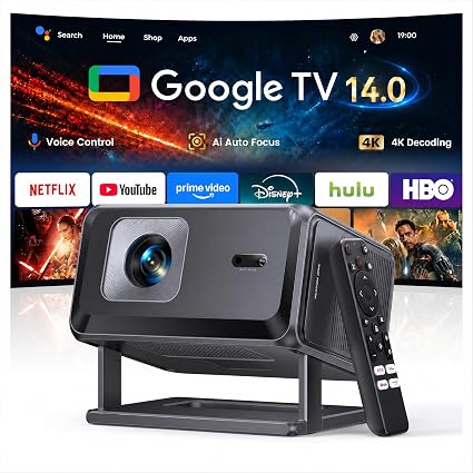 Portable Smart Projector [Bundled with Google TV Stick 14.0 & 4K Support & Dolby] with WiFi and Bluetooth HDR10,Ceiling Mini Movie Short Throw Projector Outdoor Auto Focus for Home Theater Bedroom