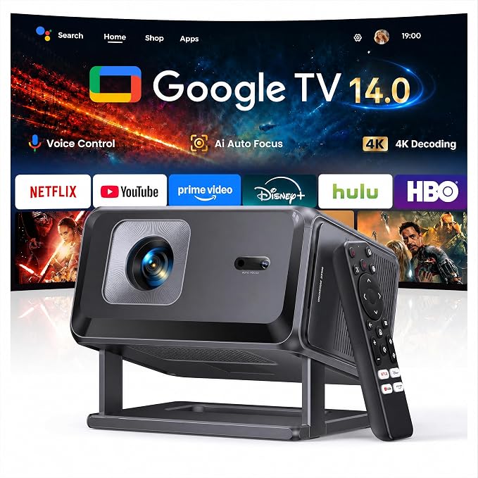 Portable Smart Projector [Bundled with Google TV Stick 14.0 & 4K Support & Dolby] with WiFi and Bluetooth HDR10,Ceiling Mini Movie Short Throw Projector Outdoor Auto Focus for Home Theater Bedroom