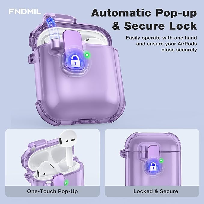 Case for AirPods 1/2 Case Cover with [Lock Safety &Pop Up][Military Shockproof] Anti-Yellow Transparent Soft TPU Wireless Charging for AirPods 1st/2nd Generation Case with Keychain,Clear Purple