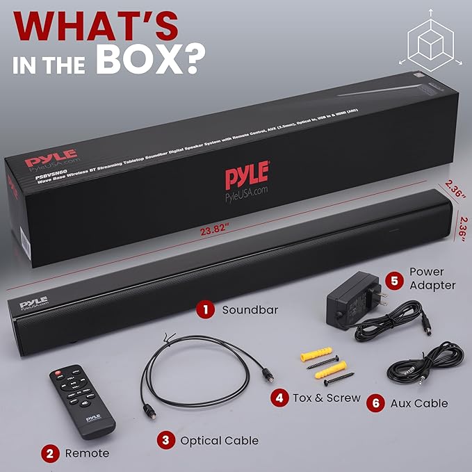 Pyle Wave Base Wireless BT Soundbar - Compact Tabletop Home Theater Sound System with AUX, Extended Bass, Full-Range Stereo, TV Stand Mount, LED Indicators, Easy Setup, 23' x 2' x 2” in