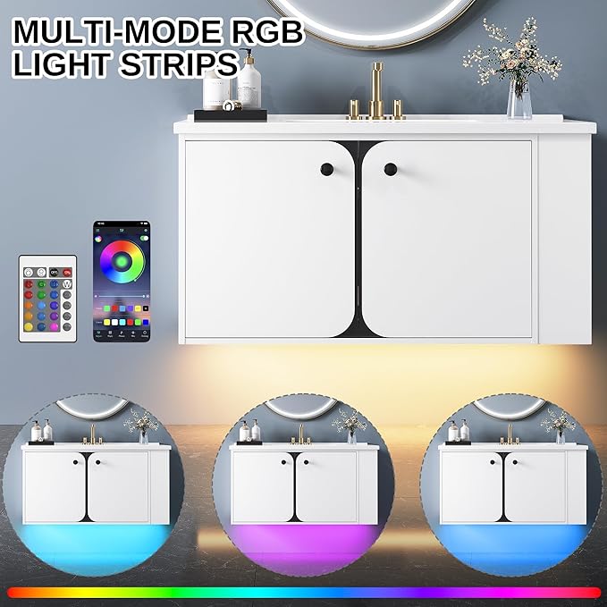 IRONCK 30 Inch Bathroom Vanity with Sink, Wall Mounted Floating Vanity with LED Light & Open Side Shelf, High Gloss Modern Bathroom Cabinet for Small Space, White