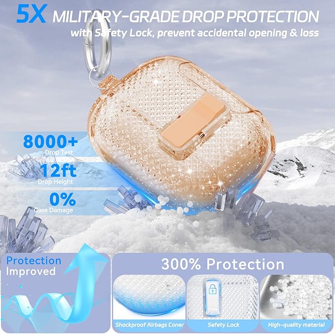 for AirPods Pro 2 Case with Phone Stand & Secure Lock, Auto-Open Clear Cover Compatible with Apple AirPods Pro 2nd/1st Gen (2023,2022,2019) with Cleaning Kit & Keychain (Shine-Clear Brown)