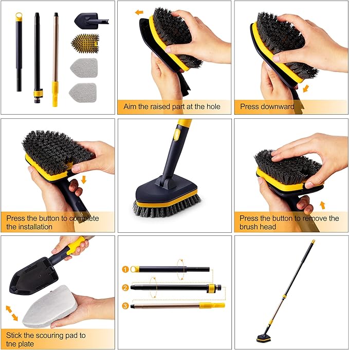 Yocada Tub Tile Scrubber Brush 2 in 1 Cleaning Brush 58.2" Adjustable Telescopic Pole Stiff Bristles Scouring Pads for Cleaning Bathroom Kitchen Toilet Wall Tub Tile Sink with Totally 5 Pads