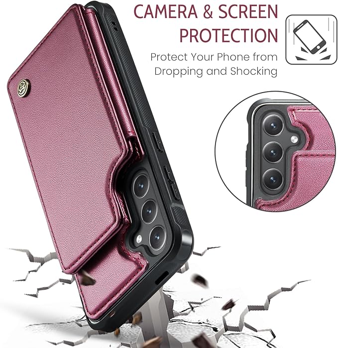 Bemal for Samsung Galaxy S25 Wallet Case with Card Holder, RFID Blocking, Shockproof Leather Kickstand for Men and Women, Durable Protective Phone Cover for 6.2", Wine Red