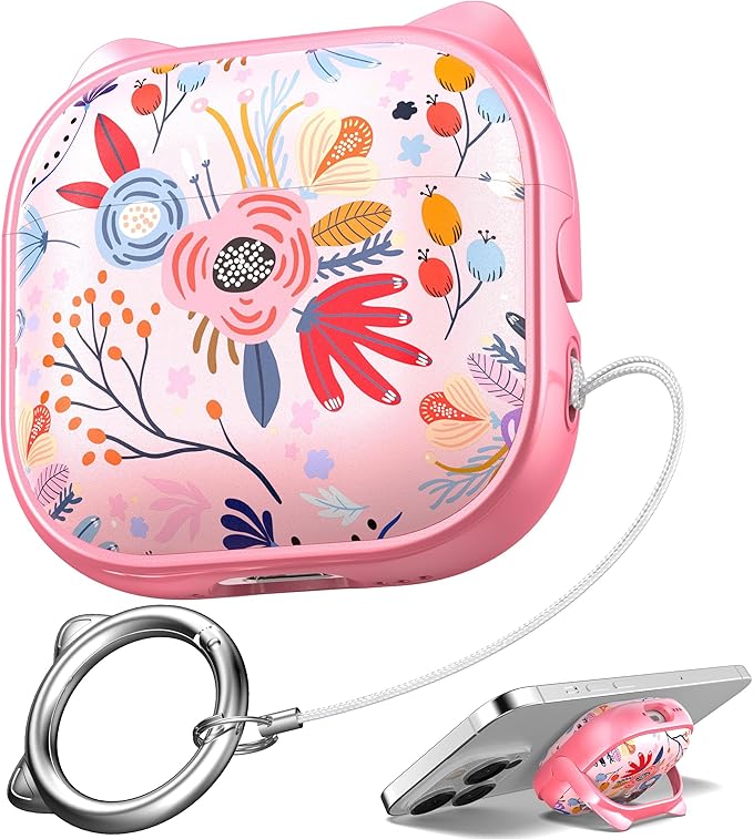 for AirPods 4 Case with Cleaning Kit, Cute Cat Ear Print Design & Cute Buckle, Inverted Phone Holder Design, Top Safe Lock Buckle Design, for Girls AirPods 4 case 2024, Pink Flower