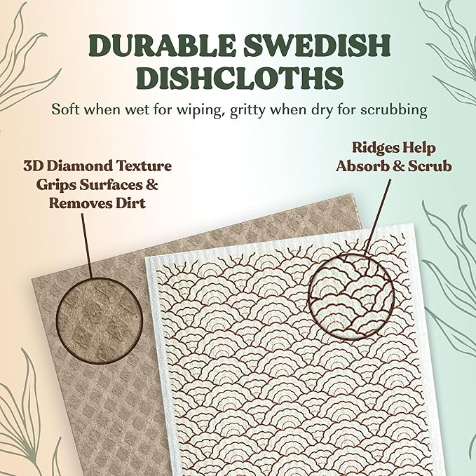 FEBU Swedish Dishcloths for Kitchen | 5 Pack Black Minimalist Reusable Paper Towels Washable | Swedish Dish Towels | Non-Scratch Cellulose Sponge Cloths | No Odor, Biodegradable Cleaning Cloths