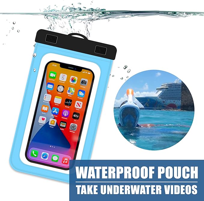 Cruise On Lanyards Waterproof Phone Pouch Dry Case w/Touch Screen for iPhone 15 14 13 12 11 Pro Max XS, Samsung S22+, Pixel 7, Fits Up to 6.5??Screen, Large Floating Holder (2-Pack) Blue