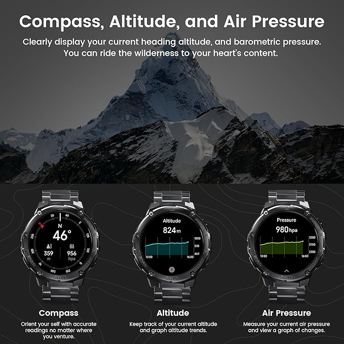 Smart Watches for Men GPS, Pressure,Altitude,Compass, 480mAh Extra-Large Battery, 50M Waterproof, Full Metal Body Rugged Smartwatch, Answer/Make Call,1.43" AMOLED Display (Black)