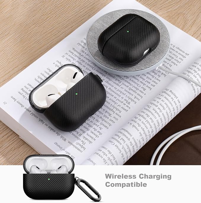 LOPIE Handmade AirPods Pro Case, Carbon Fiber Texture Vegan Leather Case with Keychain & Cleaner Kit, Protective Hard Shell Cover - Black