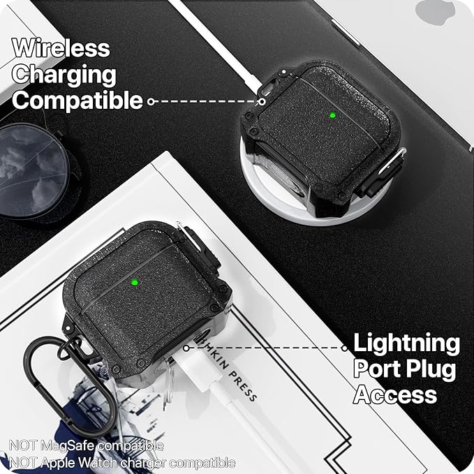 RFUNGUANGO Waterproof Case for AirPods 4 - Drop Protection for Apple AirPods 4th Generation with Carabiner & Cleaning Kit, Wireless Charging AirPod 4 Hard Case Cover, Black