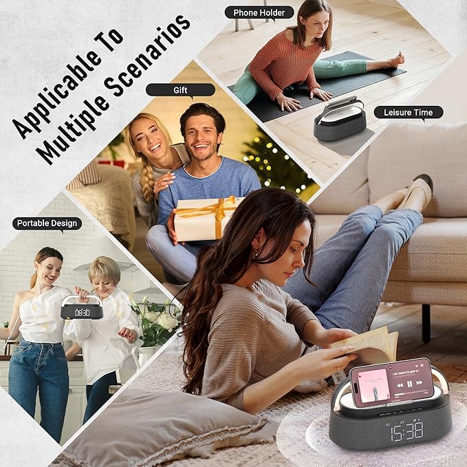 FREEFISH Bluetooth Speaker with Fast Wireless Charger,FM Radio,Touch LED Night Light,Phone Holder,Snooze,Portable Wireless Speaker for Bedrooms Office Home,Gifts (Black)