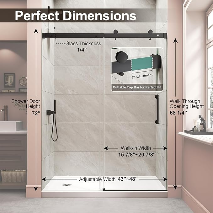 Frameless Shower Door,Single Sliding Glass Shower Door with Nano Coating & Safety Film, Adjustable 43"-48" W x 72" H, Matte Black,1/4" (6mm) SGCC Tempered Glass