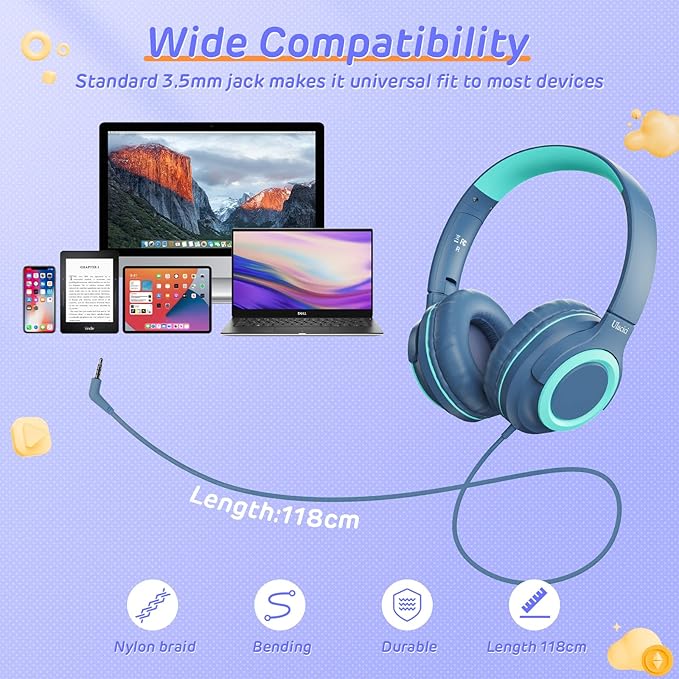 Kids Headphones,Kid Headphone for School with Volume Limit of 94 db,Wired Children Headphone for Travel/Tablet Adjustable Headband Foldable(Blue)