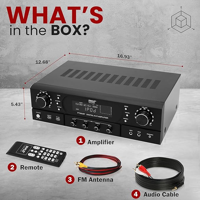 Pyle Bluetooth Home Theater Receiver Amplifier - 180W Peak Power Amp w/Treble, Bass, Echo Control, MP3/USB/FM, Dual Channel Audio Stereo System for Home Streaming Entertainment, Karaoke, Professional