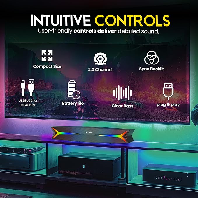 Desktop Soundbar for Computer 15.5 Inches | Bluetooth Soundbar with RGB LED Lights | Clear Bass | AUX, USB, USB-C | Soundbar for Projectors, TVs, Smartphones, Gaming Consoles, & Laptop