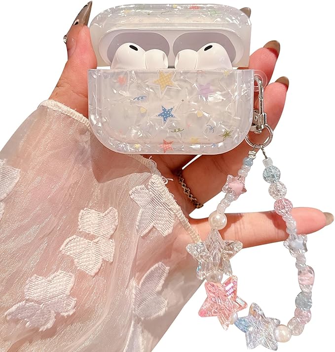 for AirPod Pro 3 Case 2025 Cute Dream Shell Pearl Shockproof Protective Cover with Strap Keychain Compatible for AirPods Pro 3rd Generation for Women Girls (Colored Stars)