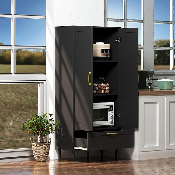 60" Tall Wooden Storage Cabinet with Adjustable Shelves, Large Capacity Freestanding Pantry Cabinet for Living Room, Kitchen, and Dining Room,Black