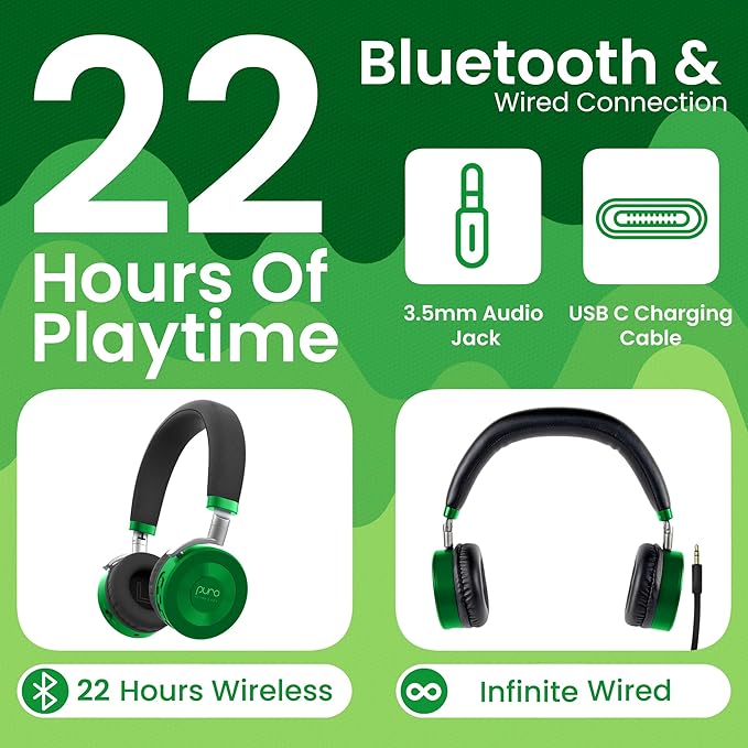Puro Sound Labs JuniorJam Plus Volume-Limiting Wireless Bluetooth Headphones for Kids, Secure Audio with Adjustable On-Ear Design, 22-Hour Battery Life, Ideal for Tablets, Smartphones & PCs - Green