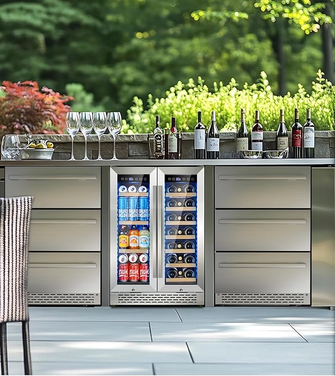 3 LED Wine and Beverage Refrigerator, 90 Can & 21 Bottle Dual Zone Stainless-Steel Wine Beverage Cooler, 24 Inch Built-In or Freestanding Wine and Drink Fridge Fast Cooling for Home/Kitchen