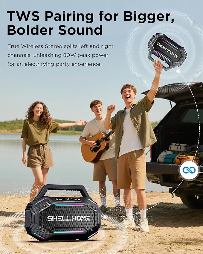 Bluetooth 6.0 Speakers Outdoor, 80W(Peak) Loud Speaker with Bass, 30H Playtime, IPX6 Waterproof, RGB Lights, BassUp 2.0, TWS, Portable Large Jobsite Speakers for Workshop, Garage,Yellow