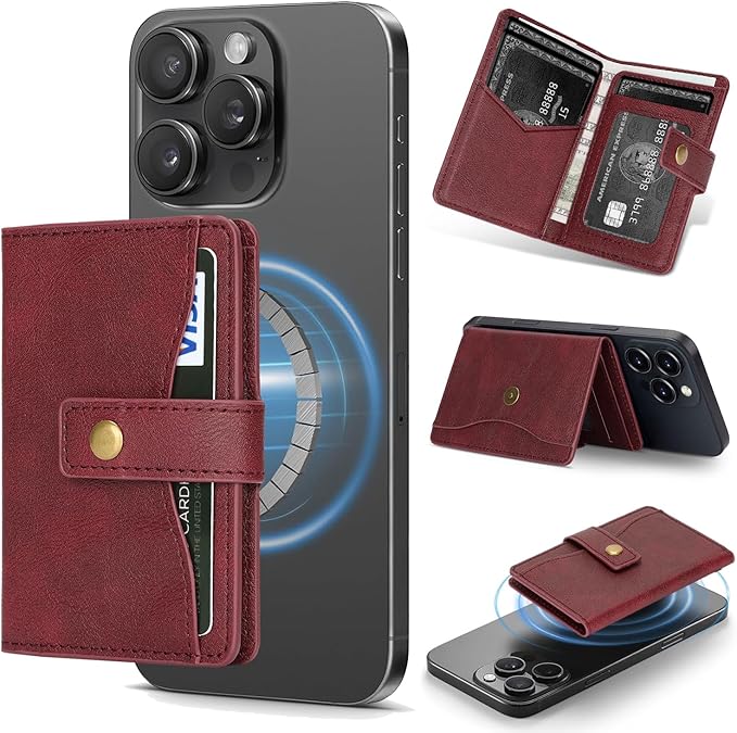 Ultra-Thin Magnetic Wallet Card Holder for iPhone and All MagSafe Protective Cases，Premium PU leather, powerful magnetic closure, stand function, 6 card slots (burgundy)